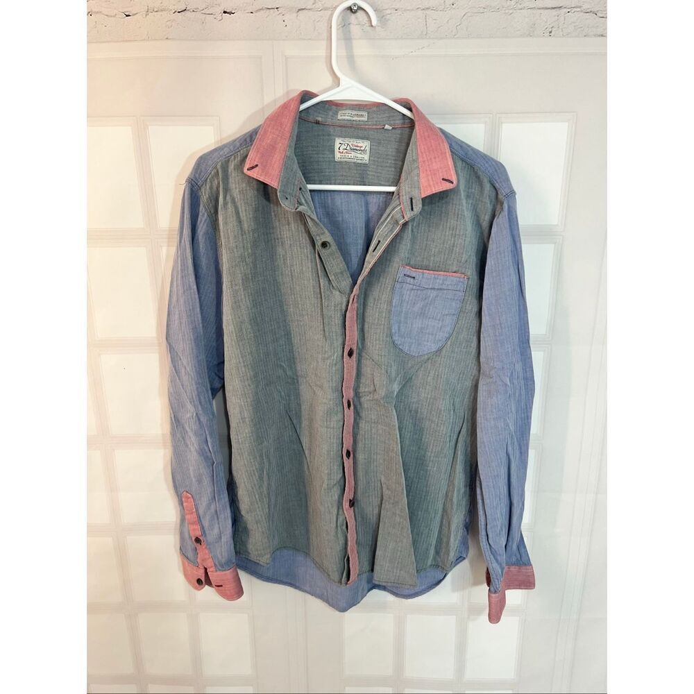 7 Diamonds Blue Gray Colorblock Herringbone Long Sleeve Button Up Shirt Size XL